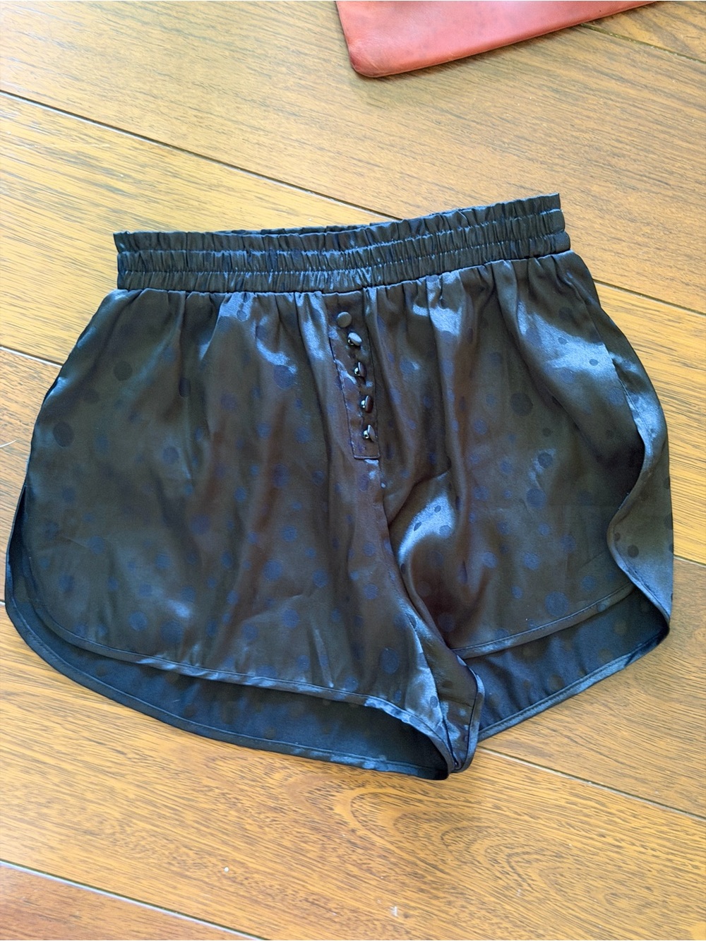 For Love & Lemons Black Satin Polka Dot Elastic-Waist Athletic Shorts